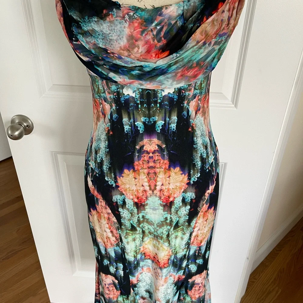 Nicole Miller multi color dress, racer back, low cut cowl neck dress, size 2 - Picture 2 of 4